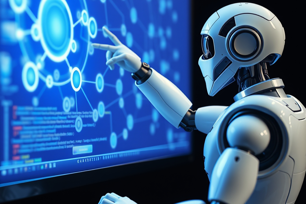 A white humanoid robot pointing at a blue network diagram on a wall-sized screen, with code snippets visible beside the graph.
