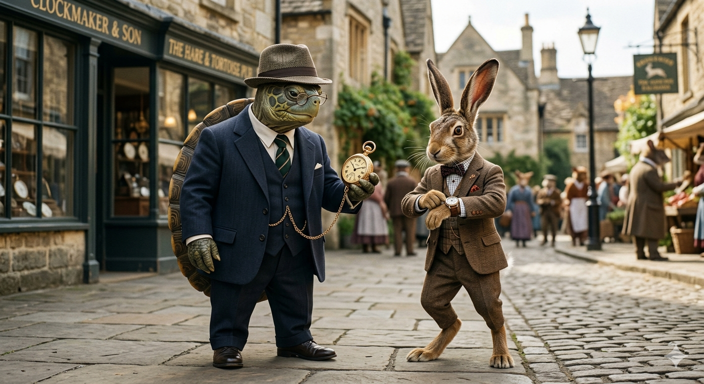 A tortoise in a Victorian suit holding a pocket watch faces a tweed-clad hare checking its wristwatch in a cobblestone village square.